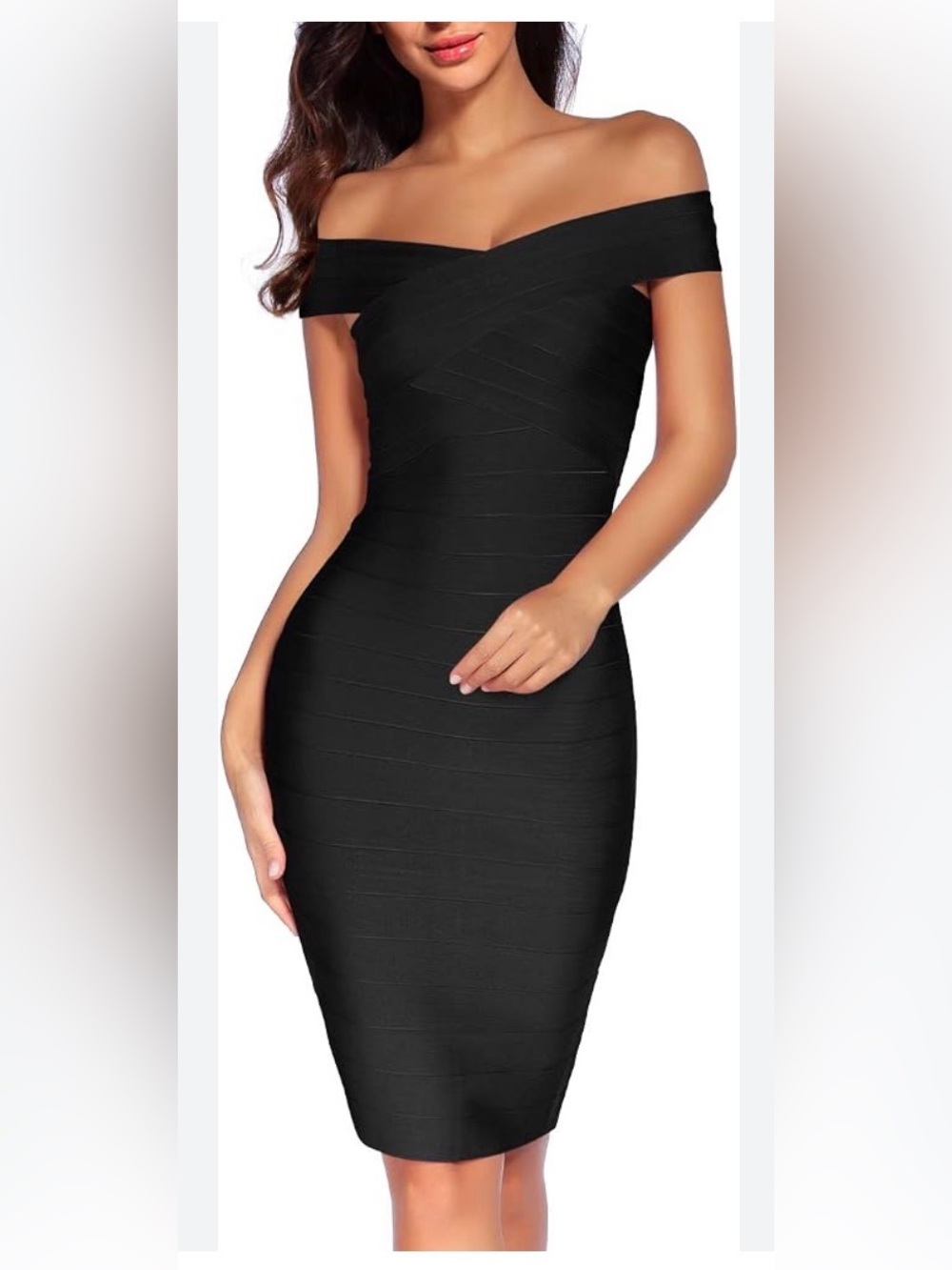 Meilun off-shoulder black bandage bodycon dress. Black Large.